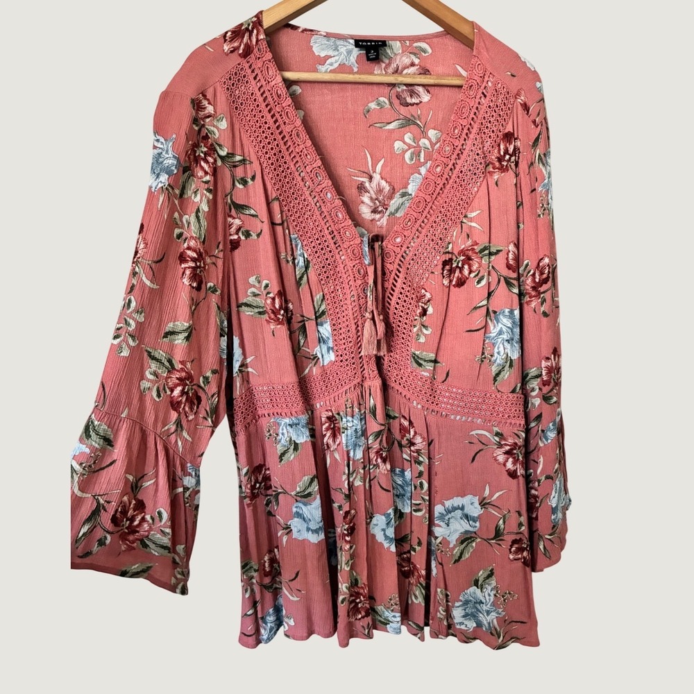 Torrid Pink Floral Lace Trim Babydoll Blouse Boho Bell Sleeve Top Plus Size 3